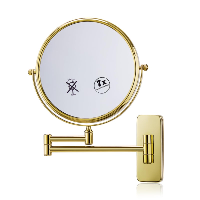 Nicesail Makeup Mirror, Wall Mounted 7X Magnifying Mirror Vanity Mirror for Bathroom, Extendable Swivel, Brass and 304 Stainless Steel Material for Hotel or Home, Gold Finish (8 Inch, 7X) - Image 1